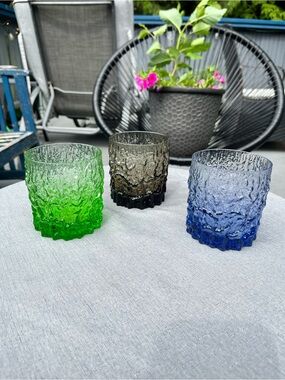 Vintage IVV Italy Bark Glass Tumblers Set of 3 MCM Coloured Textured Glass